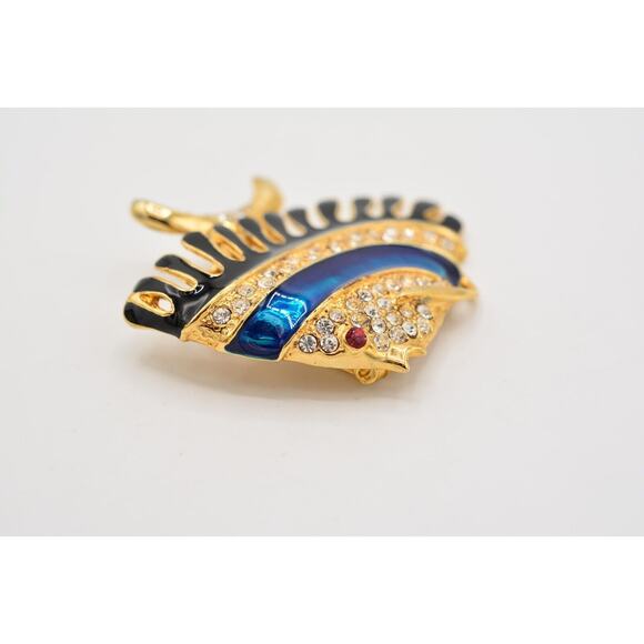 Vintage Fish Pin Brooch Blue Black Enamel Gold Rhinestone Crystal Chunky Bin5A - Picture 9 of 12